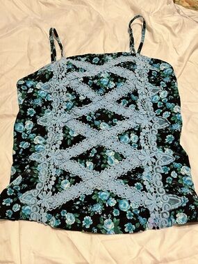Black & Blue Floral Lace-Trim Cami Tank Top